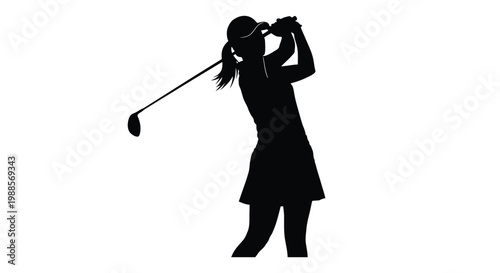 Black silhouette of a female golf player executing a powerful swing on the course.