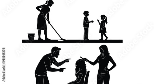Silhouette collection of family members engaging in various daily household activities and different childcare routine tasks