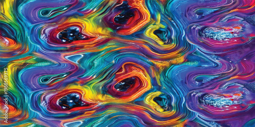 An artistic abstract wallpaper featuring colorful paint swirls and blue liquid waves that create a flowing fractal pattern with vibrant rainbow light circles on a textured backdrop