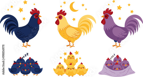 Playful Roosters and Sleeping Chicks under Stars and Moon