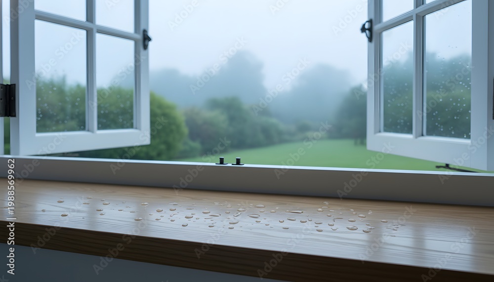 Fototapeta premium Window open to rainy morning view with raindrops on wooden sill looking out at green garden landscape for nature and renewal concept