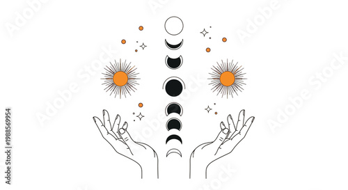 Elegant hands holding celestial moon phases and radiant suns in a minimalist linear art style design