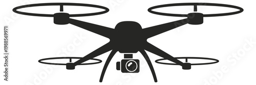 silhouette drone with camera vector illustration aerial quadcopter in flight, modern unmanned aircraft technology design for photography surveillance innovation and aviation concept art.