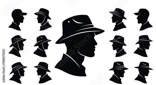 Collection of male silhouettes wearing various styles of safari hats and caps in profile view poses