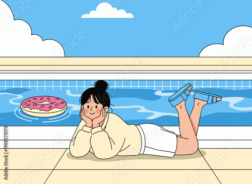 Young woman relaxing by swimming pool lying down summer lifestyle illustration