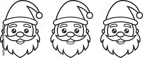 Black line of three santa claus faces with hats black line santa claus