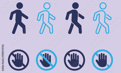 Pedestrian Icons with No Touch Symbols, Silhouette Figures Walking and Hand Prohibition