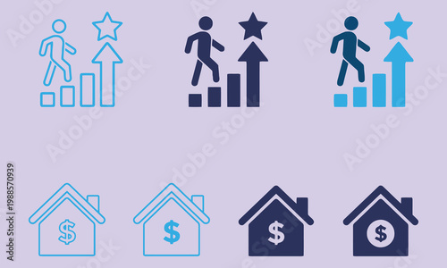 Career Growth and Financial Stability Icons: People Climbing Stairs and Houses