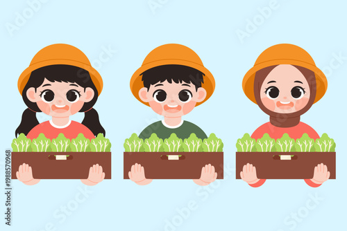 Cute farmer carry the harvest in wooden boxes.