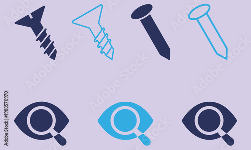 Set of flat design icons: screws, nails, and magnifying glass over eye on blue background