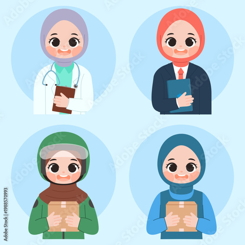 Flat Collection Muslim women workers in uniform. Doctors, businesswomen, online motorcycle taxi drivers, and couriers.