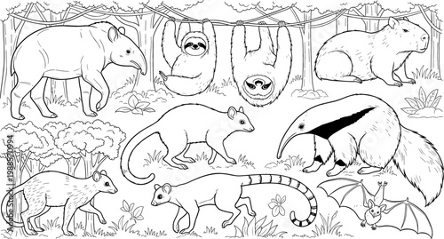 South American Rainforest Wildlife Scene with Tapir, Sloth, Capybara, Anteater, Opossum, and Bat in Black and White Line Art