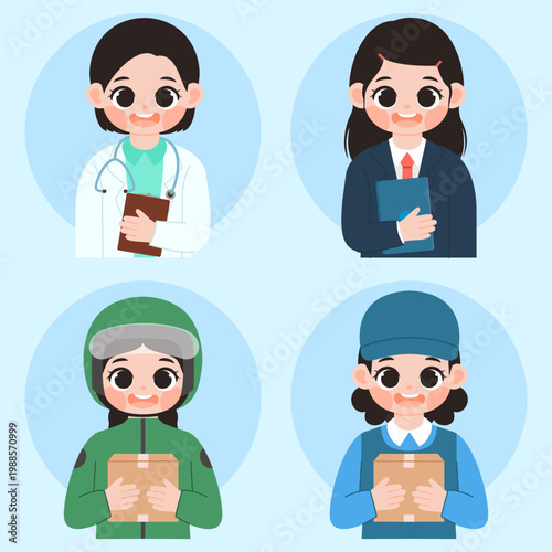 Flat collection women workers in uniform. Doctors, businesswomen, online motorcycle taxi drivers, and couriers.