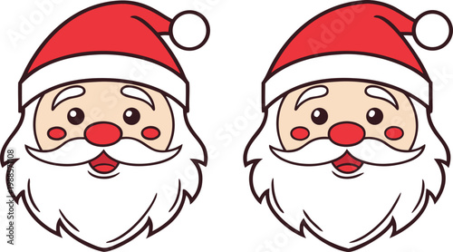 Two smiling santa claus faces with rosy cheeks in flat style