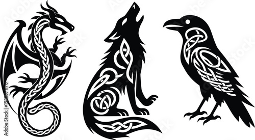 Celtic knot animal silhouettes featuring a howling wolf dragon and raven bird in black ink style for tattoos or tribal logos.