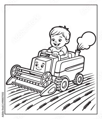 A cute farmer kid cultivate farmland black outline vector coloring page for children