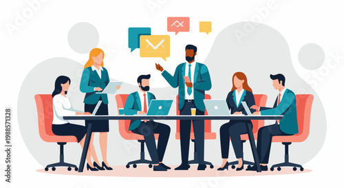 Diverse professionals collaborate around a table, discussing ideas with visual communication cues