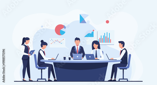 Professionals collaborate around a table in a meeting, reviewing charts and graphs on laptops
