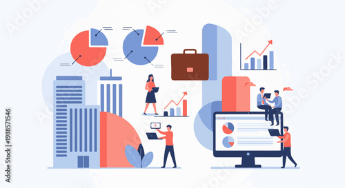 Illustration of business analytics with charts, graphs, and people