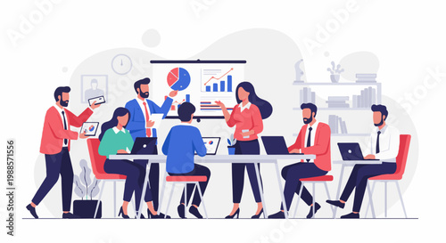 Diverse professionals collaborate around a table, discussing data on a screen