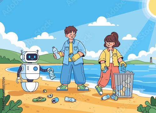 Kids cleaning beach with robot collecting trash eco friendly summer illustration