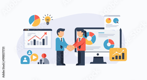 Business professionals in suits shake hands, surrounded by charts, graphs, and icons representing data and ideas