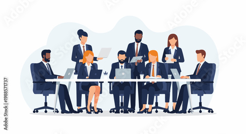 Diverse professionals collaborate around a table, discussing documents and laptops in a modern meeting