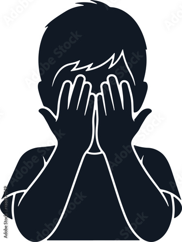 Child hiding face, shy boy covering eyes, expression of fear or embarrassment.
