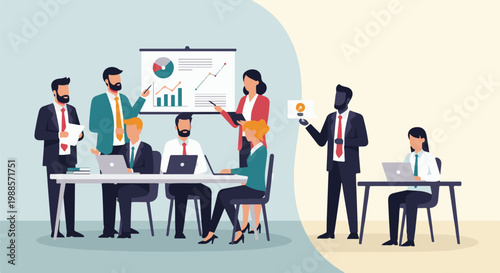 Diverse professionals collaborate in a modern office setting, presenting data and ideas on a whiteboard