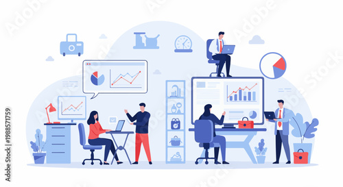 Diverse professionals collaborate in a modern office, analyzing data and achieving goals