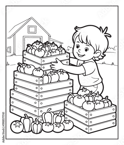 A cute farmer kid taking vegetables in rack black outline vector coloring page for children