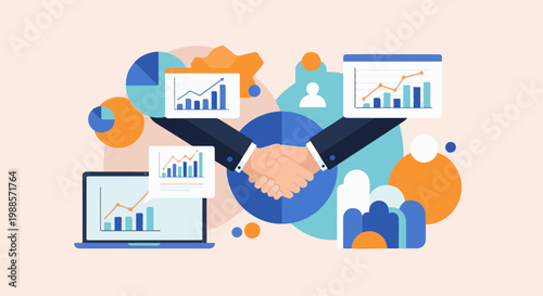 Two businesspeople shake hands amidst abstract shapes and data charts