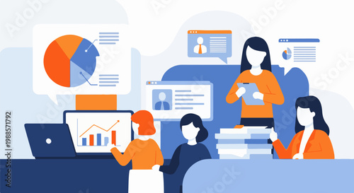 A group of diverse individuals collaborating on data analysis and project management