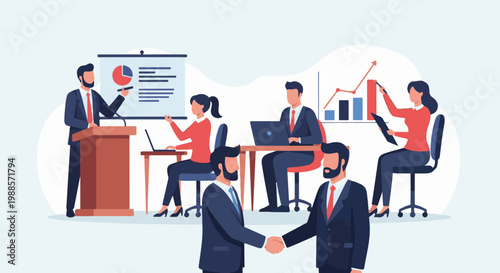 Colleagues collaborate during a business meeting, presenting data and shaking hands