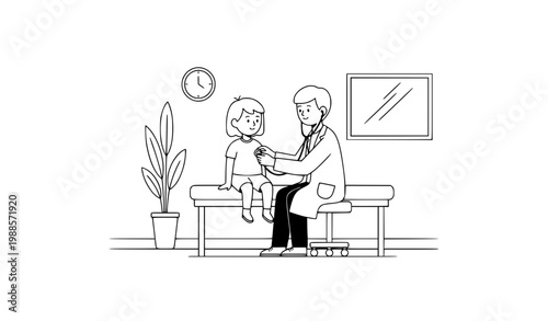 Pediatric Doctor Examining Child Patient Black and White Vector Illustration
