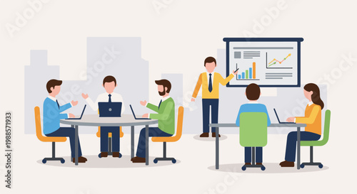 Diverse professionals collaborate in a modern office meeting, presenting data visually