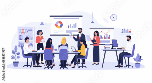 Diverse professionals in a modern office collaborate around a table with charts on display