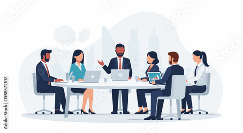 Diverse team in modern office, collaborating around a table with laptops and data