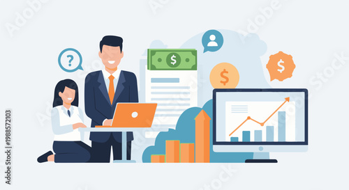 Business professionals analyze financial data with charts, graphs, and currency icons