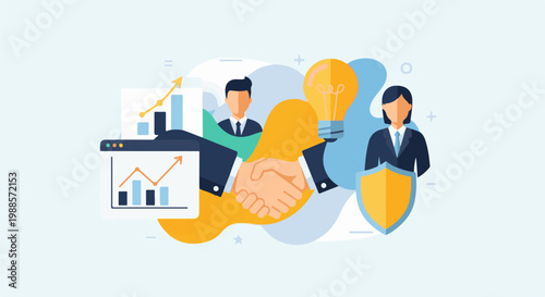 Business professionals shake hands with success, a lightbulb of innovation and shield of security