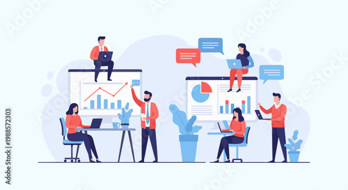 Diverse individuals collaborate using laptops and charts to analyze data in a modern office setting