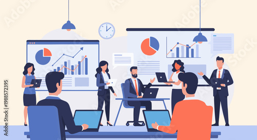 Professionals in a meeting room analyze financial charts on laptops and screens