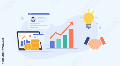 Business growth strategy with financial gains, new ideas, and collaboration