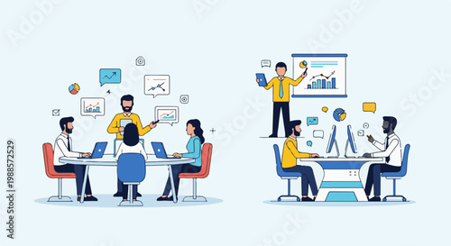 Diverse team collaborating at desks and table, presenting data charts and graphs
