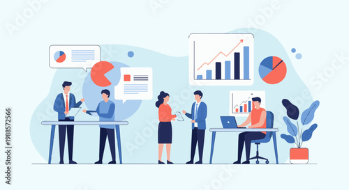 Business professionals collaborate, discussing analytics and data visualization in a modern office setting