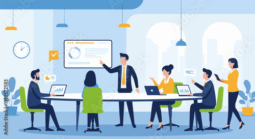 Business professionals gather in a modern meeting room for discussion and collaboration