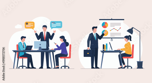 Business professionals collaborate and present in office settings, using computers and charts