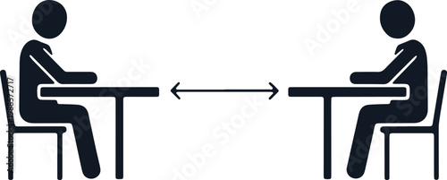 Social distancing icons showing people seated at tables with space between them.