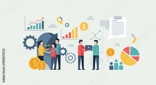 Diverse people collaborate on projects, analyze data, and achieve goals with charts and finance symbols
