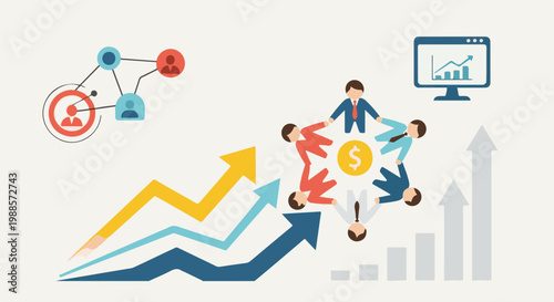 Teamwork leads to financial success, depicted by connected figures and upward trending graphs
